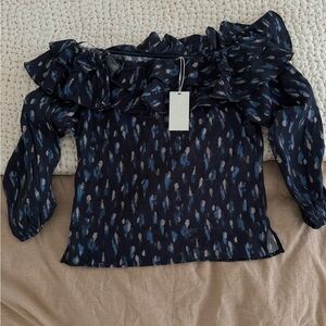 Off the shoulder Navy Blue Ruffle Blouse